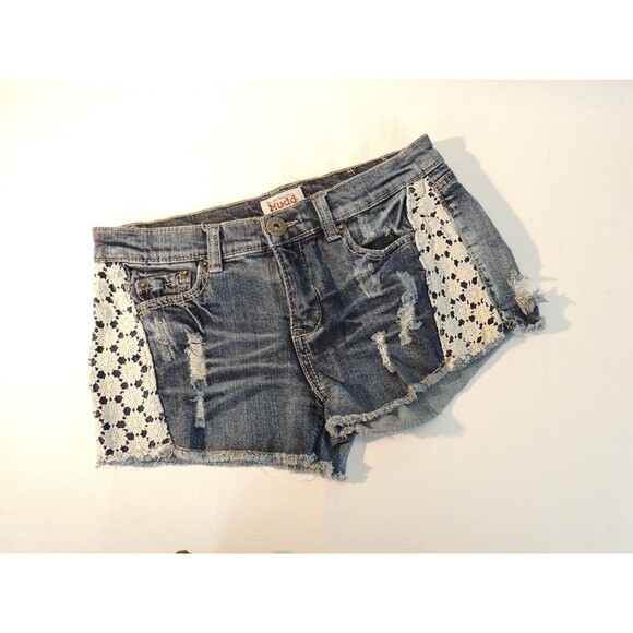 Mudd Denim Shorts Low Rise Crochet Distressed Medium Wash Juniors Sz.‎ 5 - Picture 1 of 5